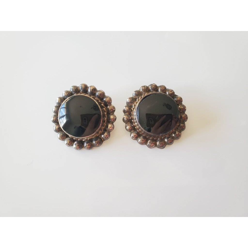 Vintage Large Sterling Silver Mexico Onyx Clip On Earrings Project